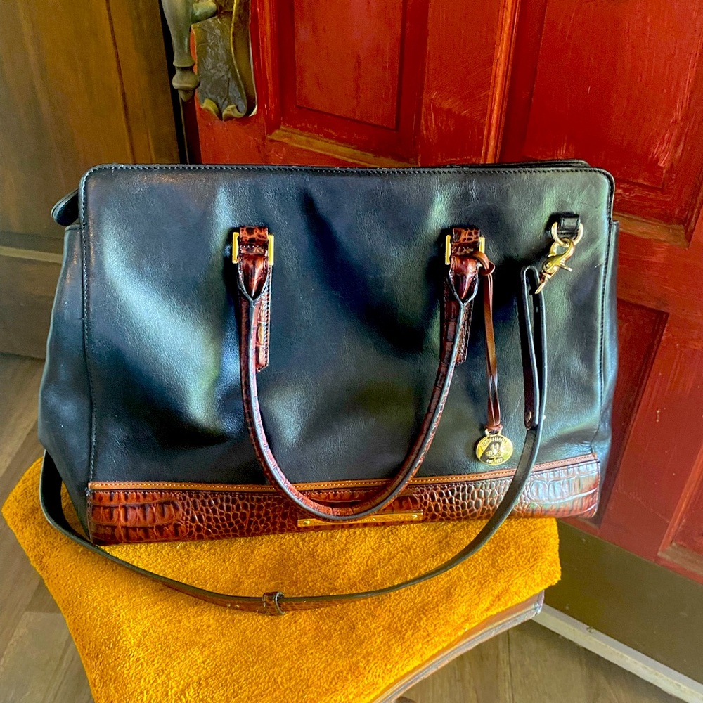 Brahmin black leather and brown “crocodile” leather satchel.